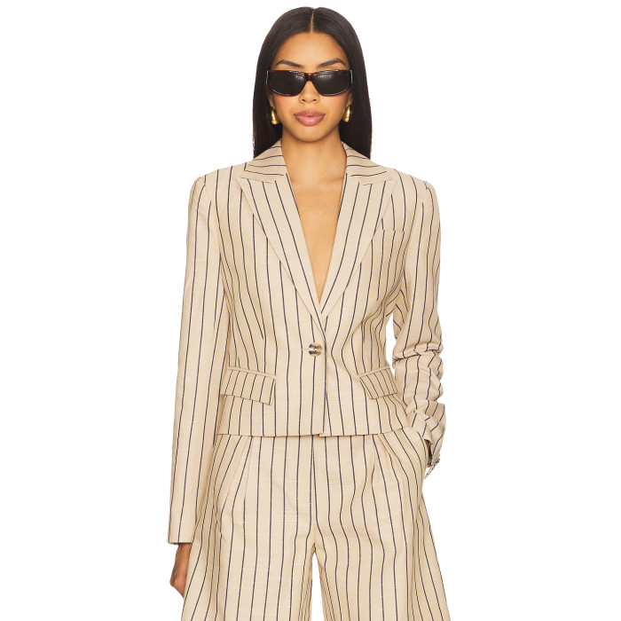 Stylish Professional Notched Lapel Collar Beige Black Striped Slim Fit Single Breasted Blazer