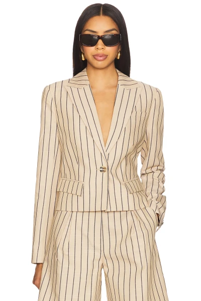 Stylish Professional Notched Lapel Collar Beige Black Striped Slim Fit Single Breasted Blazer