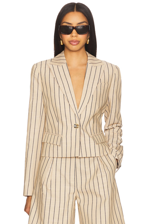 Stylish Professional Notched Lapel Collar Beige Black Striped Slim Fit Single Breasted Blazer