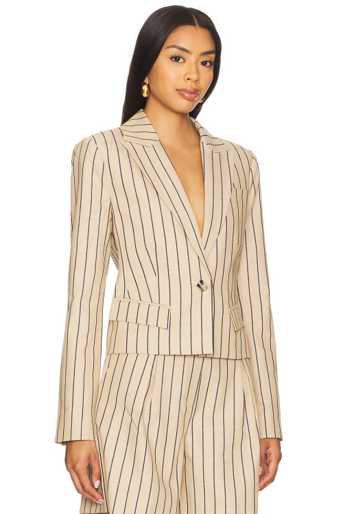 Stylish Professional Notched Lapel Collar Beige Black Striped Slim Fit Single Breasted Blazer