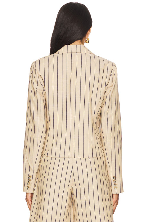 Stylish Professional Notched Lapel Collar Beige Black Striped Slim Fit Single Breasted Blazer