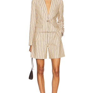 Stylish Professional Notched Lapel Collar Beige Black Striped Slim Fit Single Breasted Blazer