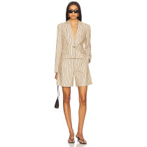 Stylish Professional Notched Lapel Collar Beige Black Striped Slim Fit Single Breasted Blazer