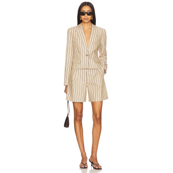 Stylish Professional Notched Lapel Collar Beige Black Striped Slim Fit Single Breasted Blazer