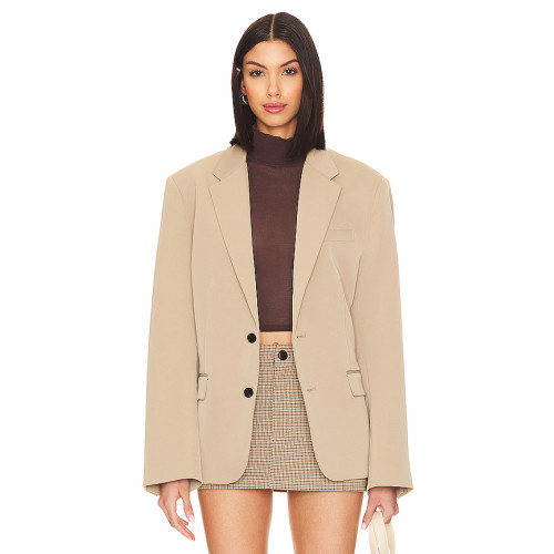 Stylish Versatile Khaki Loose Fit Buttoned Cuffs Padded Shoulders Single Breasted  Blazer
