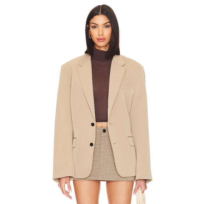 Stylish Versatile Khaki Loose Fit Buttoned Cuffs Padded Shoulders Single Breasted  Blazer