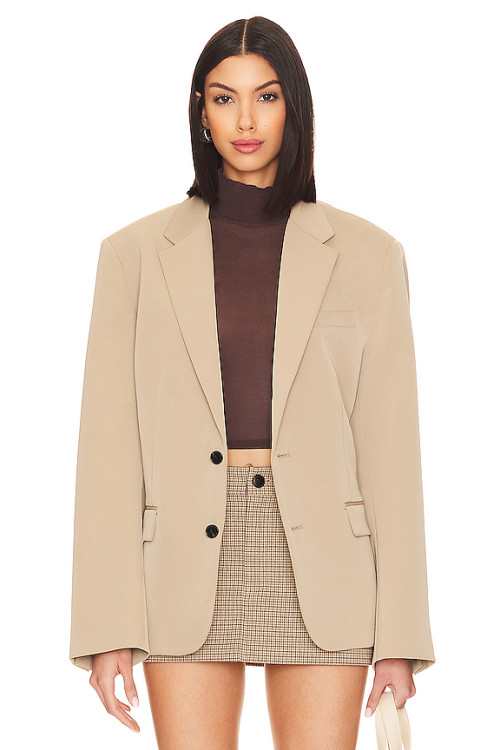 Stylish Versatile Khaki Loose Fit Buttoned Cuffs Padded Shoulders Single Breasted  Blazer