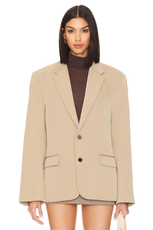 Stylish Versatile Khaki Loose Fit Buttoned Cuffs Padded Shoulders Single Breasted  Blazer