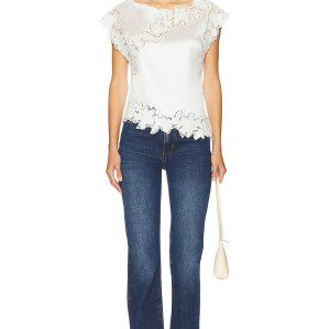 Fashionable Exquisite White Short Sleeved Lace Splicing Romantic Ruffled Edges Top
