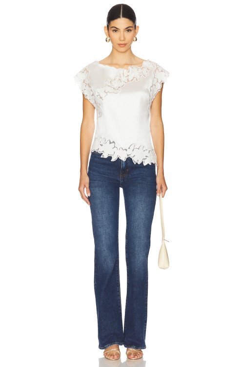 Fashionable Exquisite White Short Sleeved Lace Splicing Romantic Ruffled Edges Top