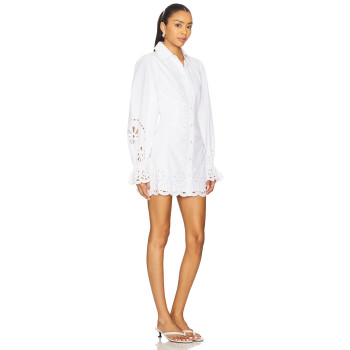 White Embroidered Floral Motifs Cut Out Details Turn Down Collar Long Sleeves Shirt Dress