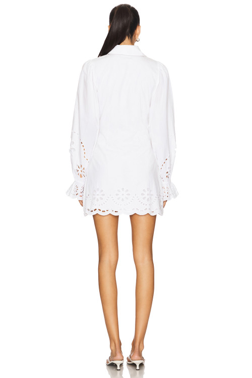 White Embroidered Floral Motifs Cut Out Details Turn Down Collar Long Sleeves Shirt Dress