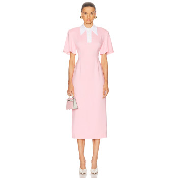 High quality Custom Logo Back Vent Front Button Trim Invisible Zipper Woman's Midi Dress