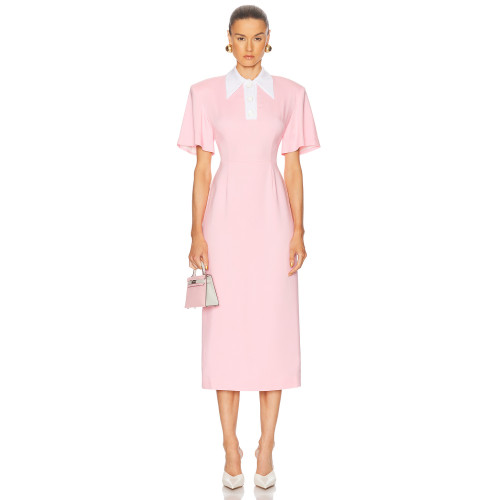 High quality Custom Logo Back Vent Front Button Trim Invisible Zipper Woman's Midi Dress