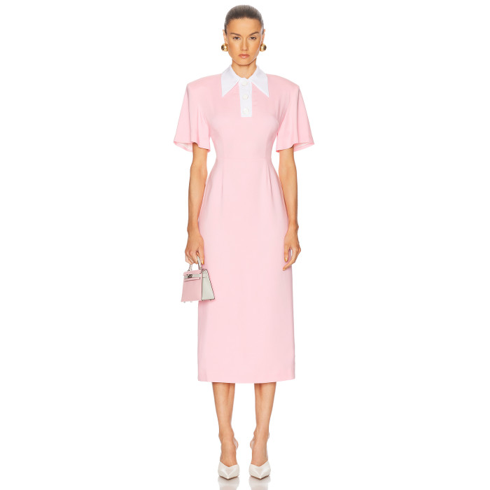 High quality Custom Logo Back Vent Front Button Trim Invisible Zipper Woman's Midi Dress