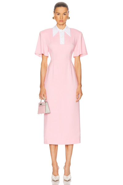 High quality Custom Logo Back Vent Front Button Trim Invisible Zipper Woman's Midi Dress
