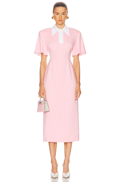 High quality Custom Logo Back Vent Front Button Trim Invisible Zipper Woman's Midi Dress