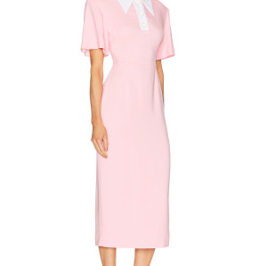 High quality Custom Logo Back Vent Front Button Trim Invisible Zipper Woman's Midi Dress