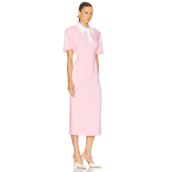 High quality Custom Logo Back Vent Front Button Trim Invisible Zipper Woman's Midi Dress