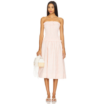 Sweet Pink Checkered Camisole Smocked Bodice Design Detachable Shoulder Straps Dress