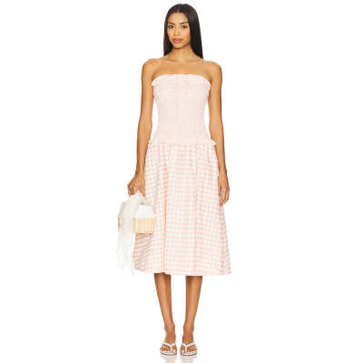 Sweet Pink Checkered Camisole Smocked Bodice Design Detachable Shoulder Straps Dress