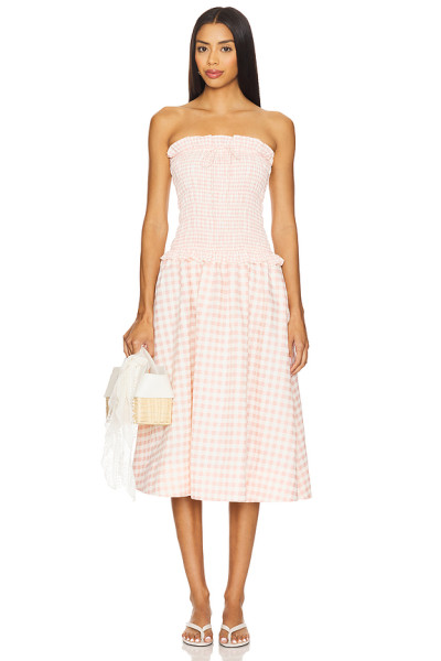 Sweet Pink Checkered Camisole Smocked Bodice Design Detachable Shoulder Straps Dress
