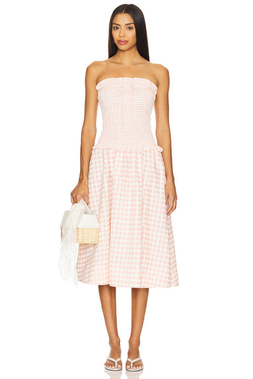 Sweet Pink Checkered Camisole Smocked Bodice Design Detachable Shoulder Straps Dress