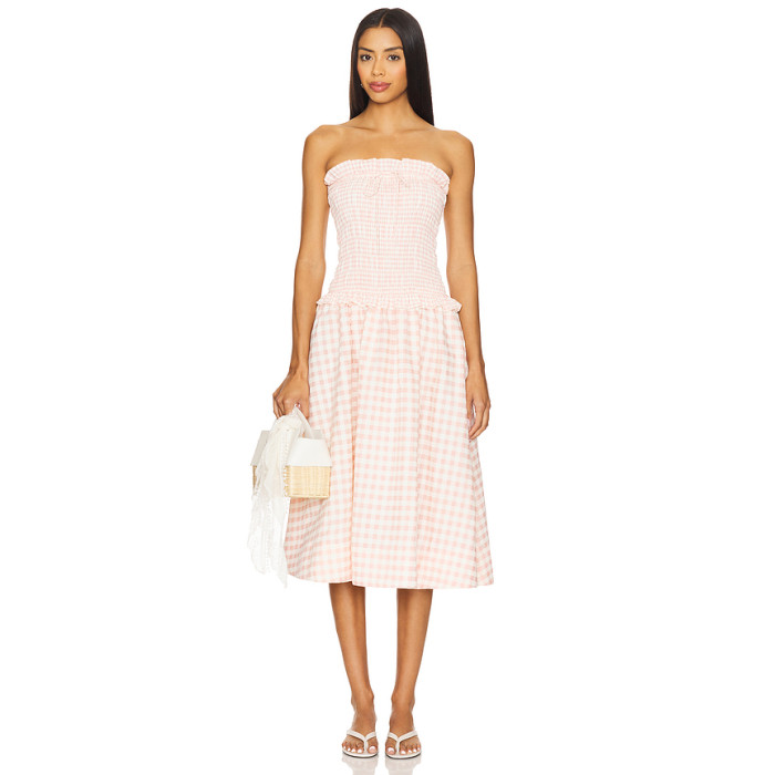 Sweet Pink Checkered Camisole Smocked Bodice Design Detachable Shoulder Straps Dress