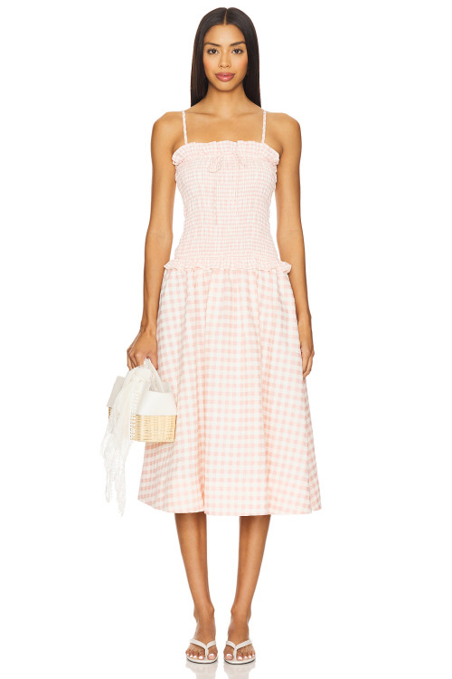Sweet Pink Checkered Camisole Smocked Bodice Design Detachable Shoulder Straps Dress