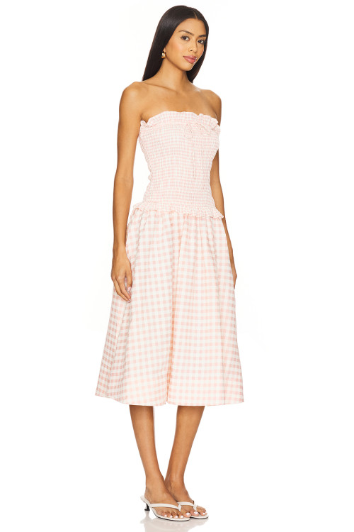 Sweet Pink Checkered Camisole Smocked Bodice Design Detachable Shoulder Straps Dress