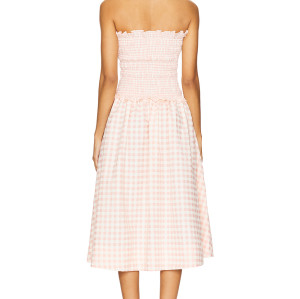 Sweet Pink Checkered Camisole Smocked Bodice Design Detachable Shoulder Straps Dress