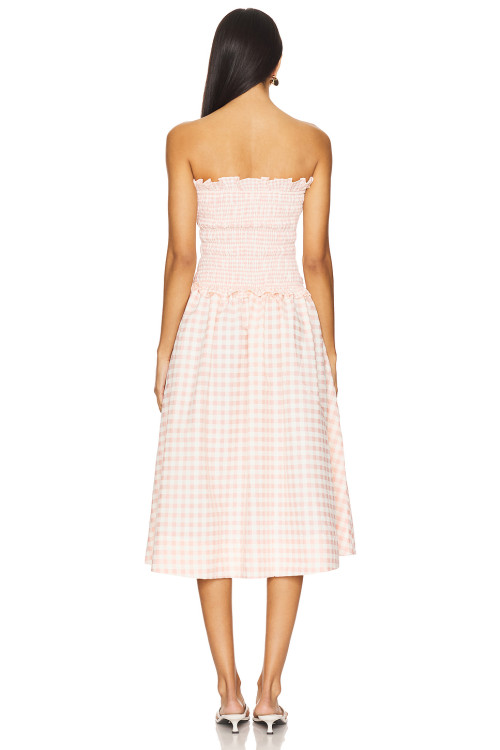 Sweet Pink Checkered Camisole Smocked Bodice Design Detachable Shoulder Straps Dress