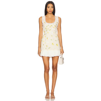 Off  White Floral Sleeveless Lace Neckline Pleated Skirt Back Bow Tie Dress