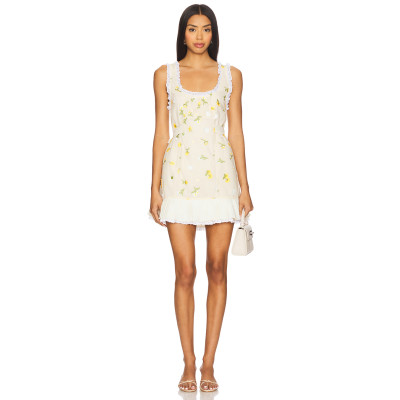 Off  White Floral Sleeveless Lace Neckline Pleated Skirt Back Bow Tie Dress