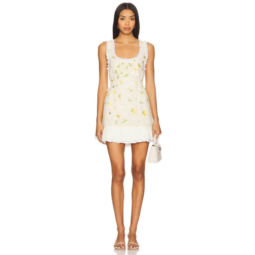 Off  White Floral Sleeveless Lace Neckline Pleated Skirt Back Bow Tie Dress