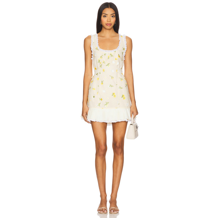 Off  White Floral Sleeveless Lace Neckline Pleated Skirt Back Bow Tie Dress