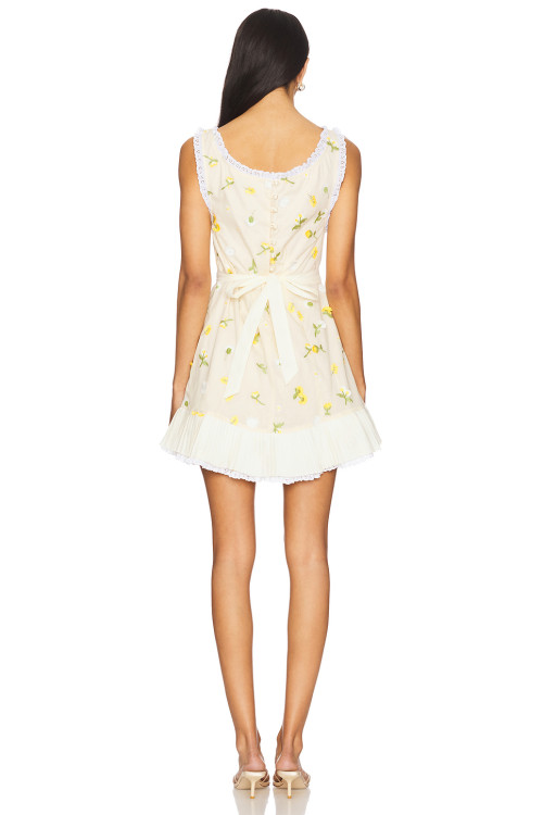 Off  White Floral Sleeveless Lace Neckline Pleated Skirt Back Bow Tie Dress