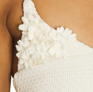 White Spaghetti Strap Shoulder Floral Embellishments Front Row Buttons Mini Dress