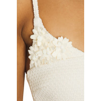 White Spaghetti Strap Shoulder Floral Embellishments Front Row Buttons Mini Dress