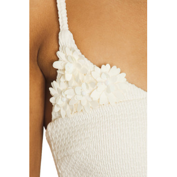 White Spaghetti Strap Shoulder Floral Embellishments Front Row Buttons Mini Dress