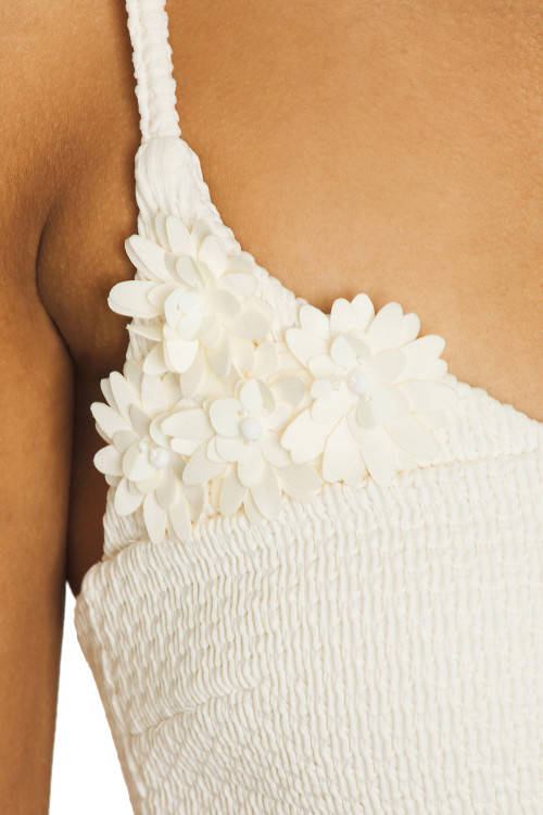 White Spaghetti Strap Shoulder Floral Embellishments Front Row Buttons Mini Dress