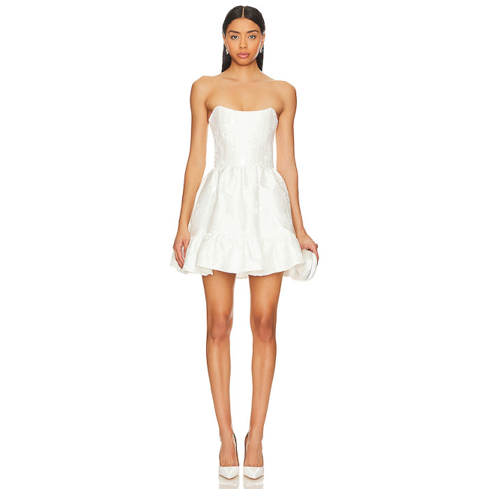 Fashionable Elegant White Strapless Embroidered Back Lacing Design Mini Dress