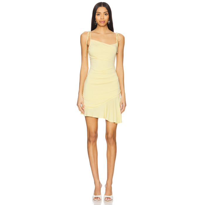 Hot Sale Sweet Light Yellow Tie Strap Camisole Ruched Design Asymmetrical Hem Dress
