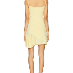 Hot Sale Sweet Light Yellow Tie Strap Camisole Ruched Design Asymmetrical Hem Dress