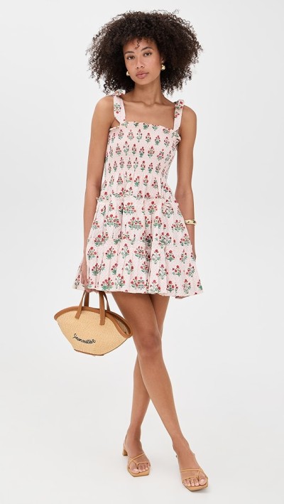 Sweet Sample Square neckline Sleeveless Smocked Elastic Bodice Backless Floral Print Dress