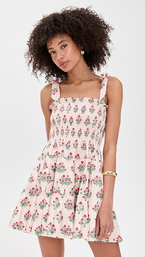 Sweet Sample Square neckline Sleeveless Smocked Elastic Bodice Backless Floral Print Dress
