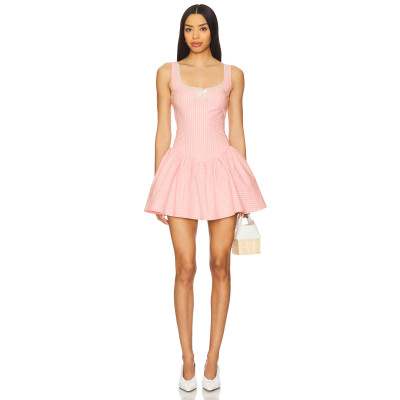 Sweet  Pink Striped Dress Scalloped Edge Lace Square Neckline Puffy Skirt