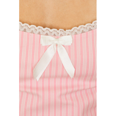 Sweet  Pink Striped Dress Scalloped Edge Lace Square Neckline Puffy Skirt