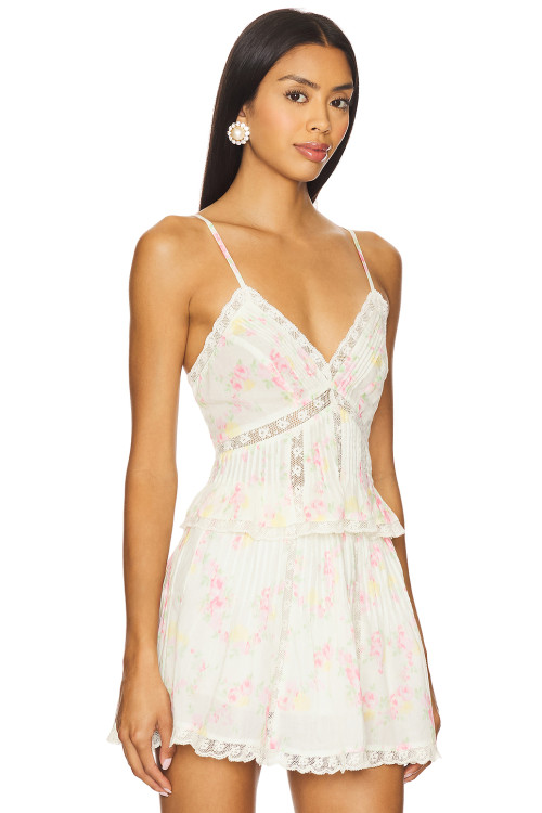 Romantic Pastoral Style Floral Print Lace Spaghetti Strap V Neck Tiered Mini Dress