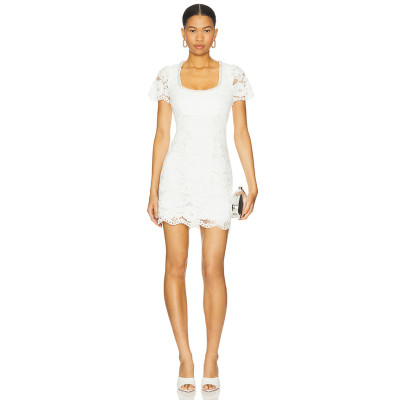 2025 Hot Sale Fashionable Elegant Style White Lace Square Neck Short Sleeved Mini Dress